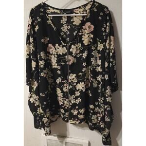 TORRID WOMENS SIZE 2X BLACK YELLOW FLORAL 3/4 SLEEVE TUNIC TOP Zipper Front